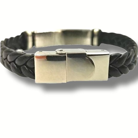 Stainless Steel Hypoallergenic Braided Black Leather Adjustable Bracelet (NWT) - Picture 6 of 8